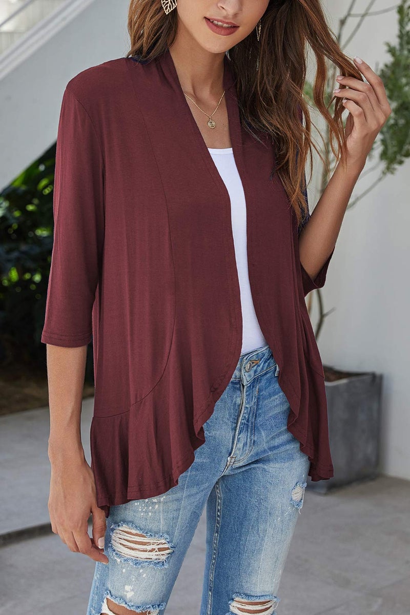 Bluetime Women Casual Lightweight Open Front Cardigans Soft Draped Ruffles 3/4 Sleeve Cardigan (XXXL, Wine Red) - Image 2