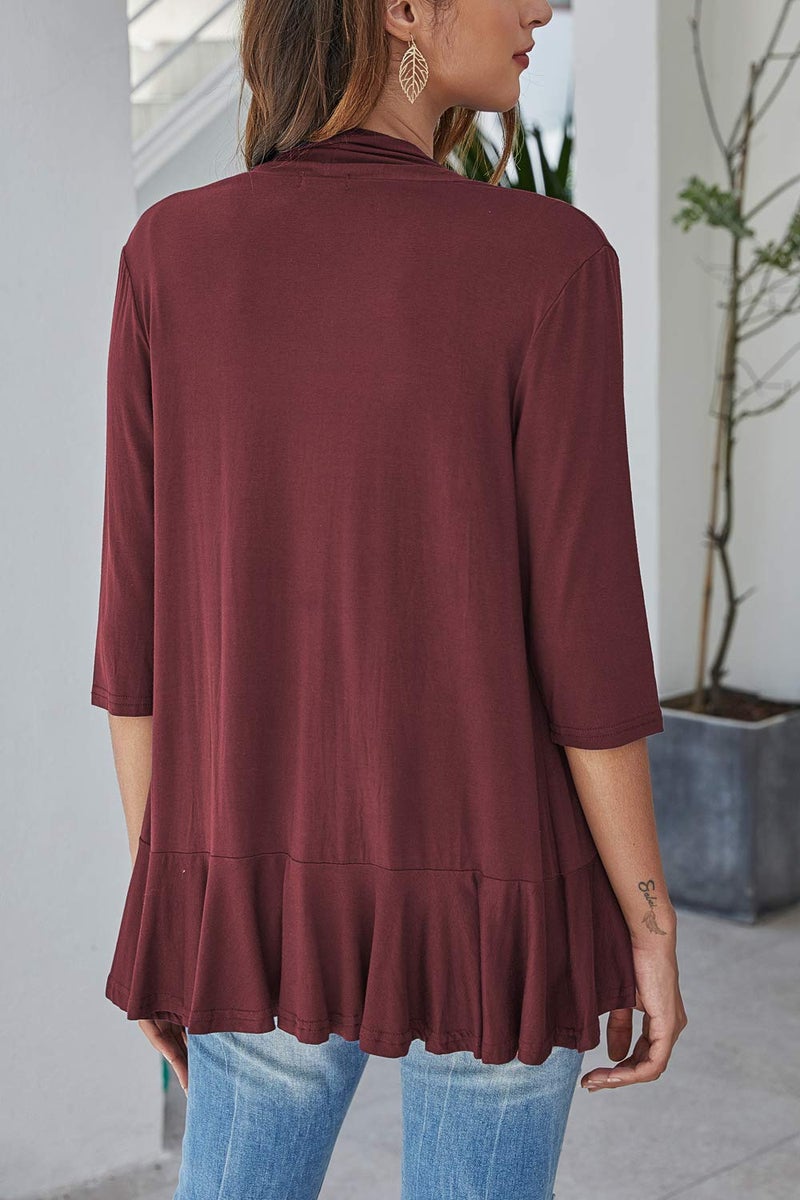 Bluetime Women Casual Lightweight Open Front Cardigans Soft Draped Ruffles 3/4 Sleeve Cardigan (XXXL, Wine Red) - Image 4