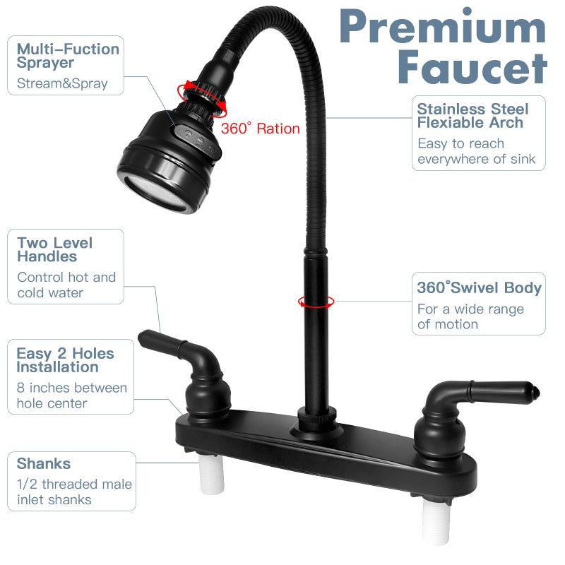 ExcelFu RV Kitchen Faucet,Camper RV Kitchen Sink Faucet Replacement with 2 Handles Flexible Spout 360 Swivel Rotatable Tri-Function Sprayer for Motorhomes,Travel Trailers,8 inch 2 Hole,Non-Metallic,Black - Image 5