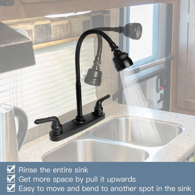 ExcelFu RV Kitchen Faucet,Camper RV Kitchen Sink Faucet Replacement with 2 Handles Flexible Spout 360 Swivel Rotatable Tri-Function Sprayer for Motorhomes,Travel Trailers,8 inch 2 Hole,Non-Metallic,Black - Image 2