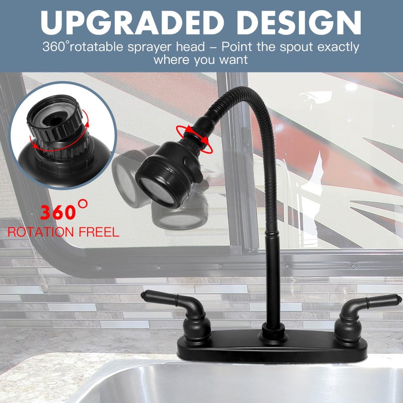 ExcelFu RV Kitchen Faucet,Camper RV Kitchen Sink Faucet Replacement with 2 Handles Flexible Spout 360 Swivel Rotatable Tri-Function Sprayer for Motorhomes,Travel Trailers,8 inch 2 Hole,Non-Metallic,Black - Image 3