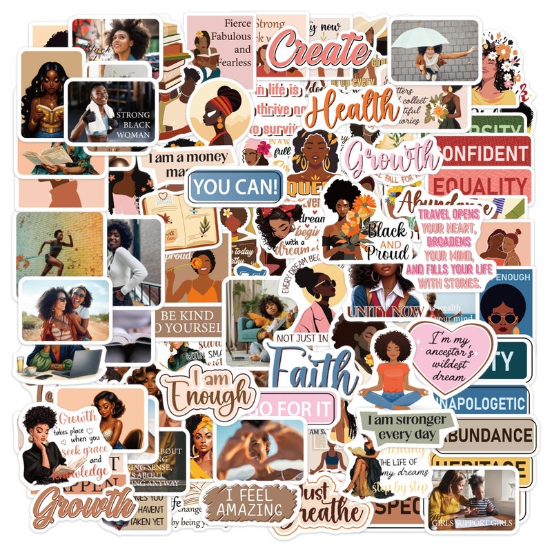 MENIFEND 100 Pcs Black Girl Magic Vision Board Stickers, Melanin Motivational Affirmation Stickers, Manifestation Vision Board Supplies Kit for Women Teens, Journaling Scrapbook Planner Decor - Image 1
