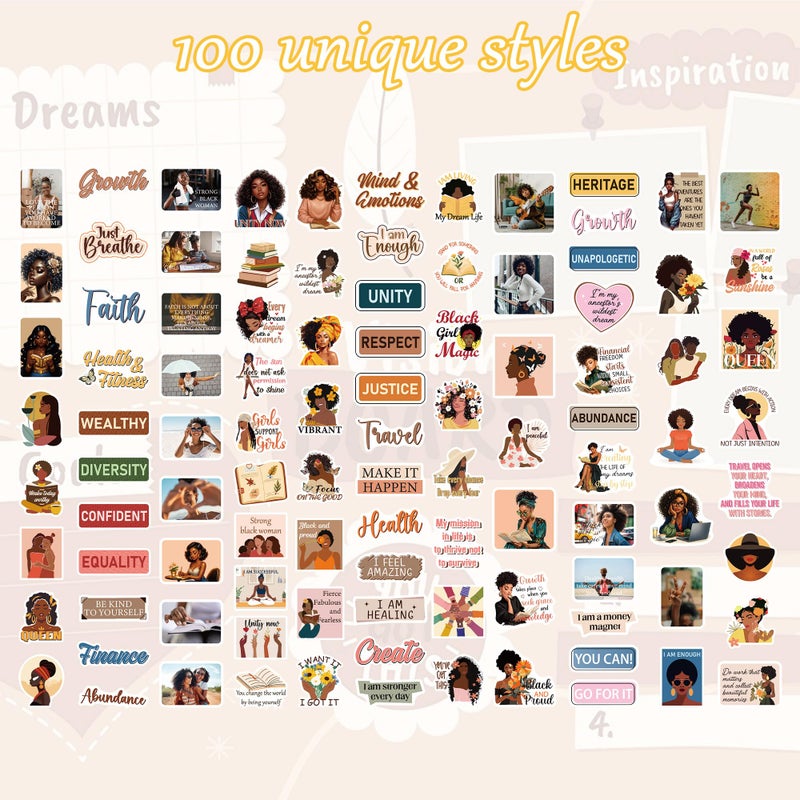 MENIFEND 100 Pcs Black Girl Magic Vision Board Stickers, Melanin Motivational Affirmation Stickers, Manifestation Vision Board Supplies Kit for Women Teens, Journaling Scrapbook Planner Decor - Image 2