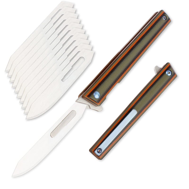 TENCHILON G37 Small Pocket Scalpel Knife 10pcs 60 Replaceable Blades Slender Compact Slim Gentlemans Flipper Folding Scalpel EDC Utility Knives with Blue Titanium Belt Clip