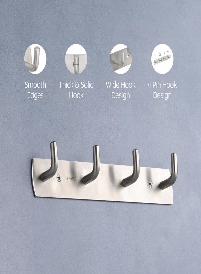 LAPO 2 Pack Premium Stainless Steel Multipurpose Cloth Hook - 4 Hooks Door Wall Hook Hanger for Bathroom,Cloth Hanger,Door Hooks Rail, Key Holder, Matt Finish - Pack of 2 - Image 4
