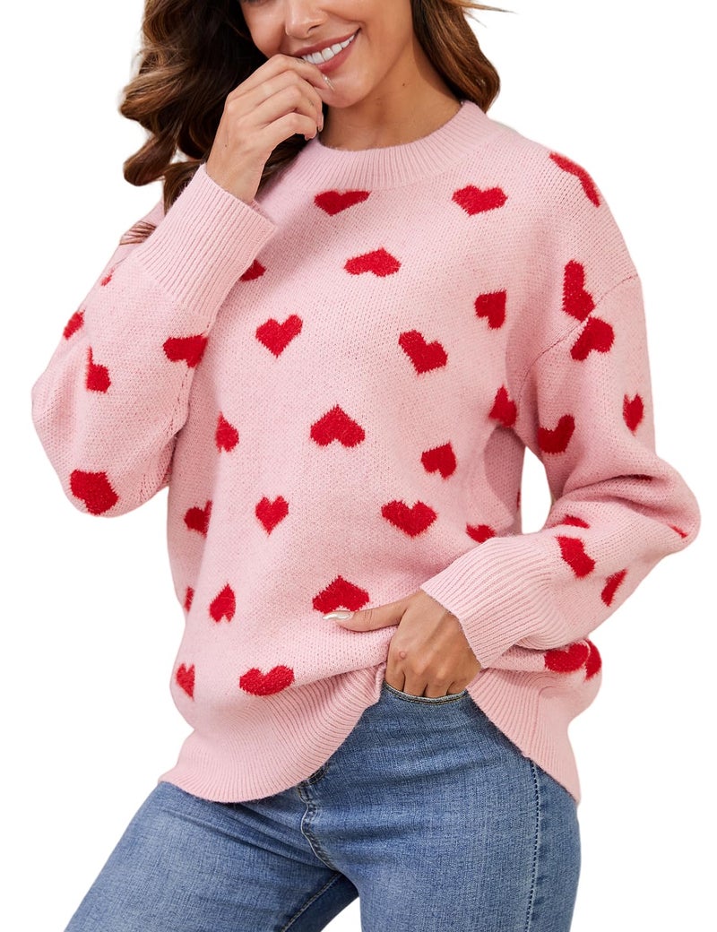 Gihuo Heart Sweater for Women Cute Kawaii Casual Crewneck Long Sleeve Knitted Pullover Sweaters(Pink-S) - Image 1