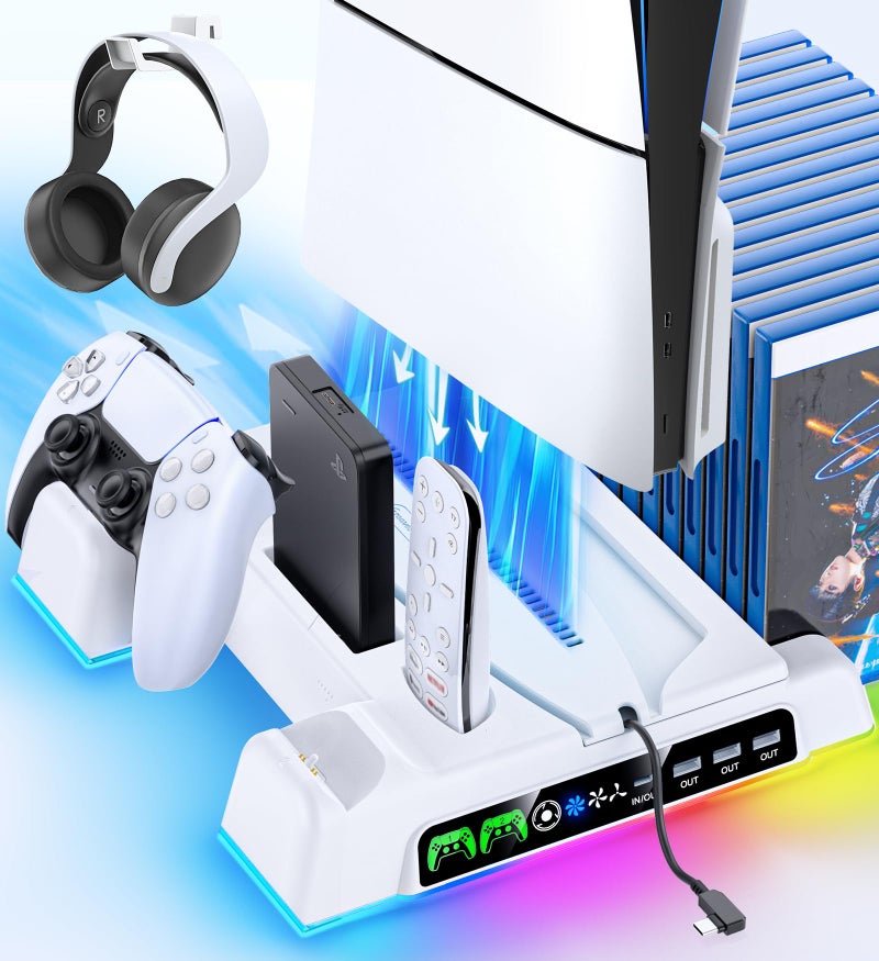 Kytok Cooling Stand for PS5 SlimPro Disc Digital Console PS5 Cooling Station with Dual Controller Charging Station for PS 5 Console 3Level Cooling Fan for PlayStation 4 Faceplates Protectors Skins - Image 2