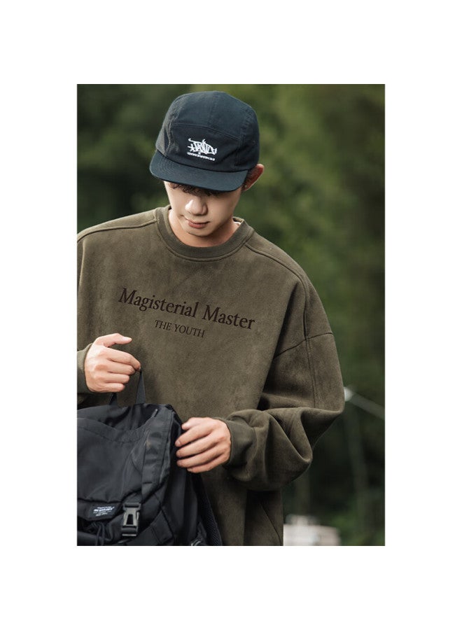 Poum American-style Suede Retro Sweatshirt For Men, Autumn And Winter Style, Youth Trendy Brand Long Sleeve L3852 Green 3XL - Image 2