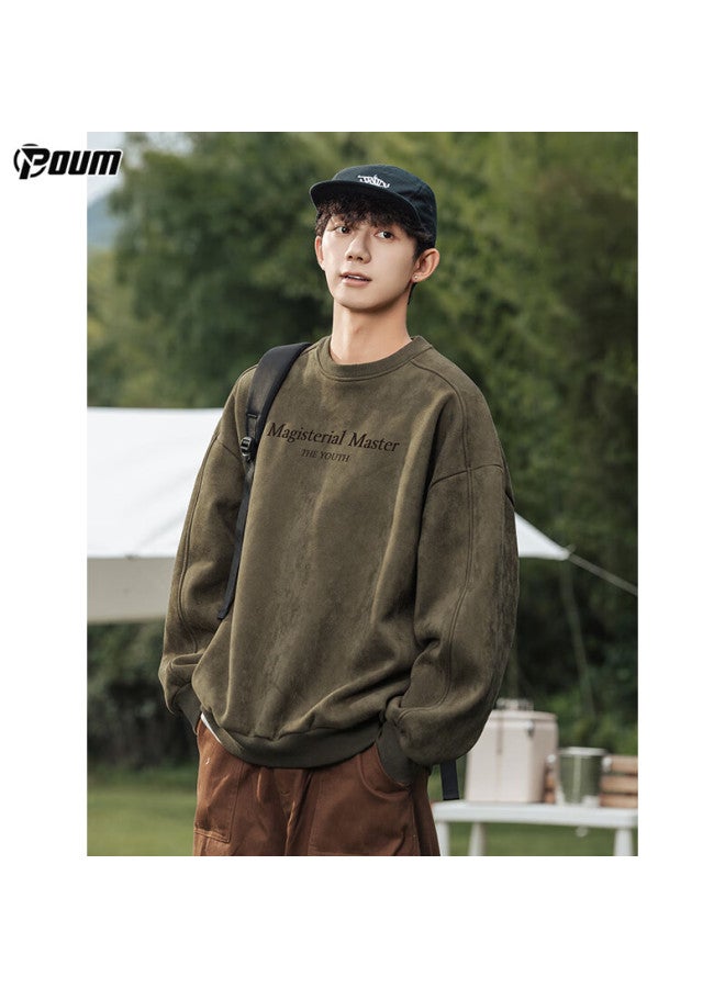 Poum American-style Suede Retro Sweatshirt For Men, Autumn And Winter Style, Youth Trendy Brand Long Sleeve L3852 Green 3XL - Image 1