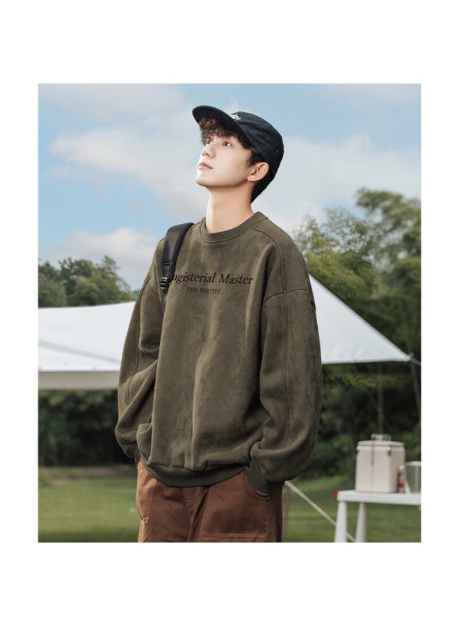 Poum American-style Suede Retro Sweatshirt For Men, Autumn And Winter Style, Youth Trendy Brand Long Sleeve L3852 Green 3XL - Image 3