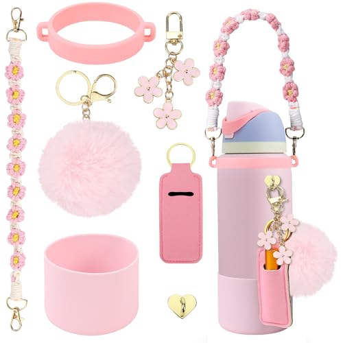 SLEILIN Compatible for Owala Accessories Bundle Silicone Boot for 24oz 32oz Bottles Charms Handle Strap Rubber Bottoms and Decorative Addons for Your Compatible for Owala Water Bottle Pink - Image 1
