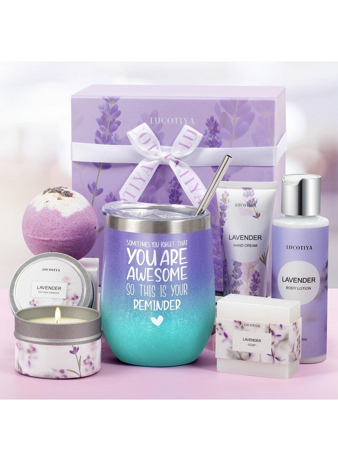 LUCOTIYA Gifts for Women, Birthday Gifts for Women Spa Gifts Baskets for Women Bubble Bath and Body Gifts Set for Women Lavender Gifts for Mom Her Female Sister Mother Teacher Wine Tumbler Purple Gifts - Image 1