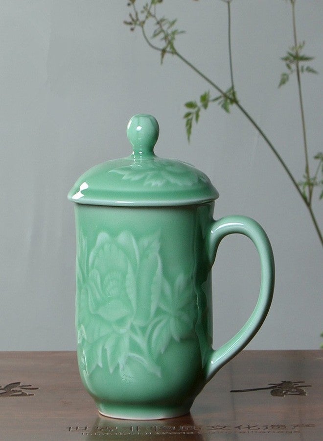 Handmade Celadon Teacups 13oz Coffee Mugs with Lid Porcelain Cups Embossed with Peony Chinese Celadon(01-Green) - Image 2