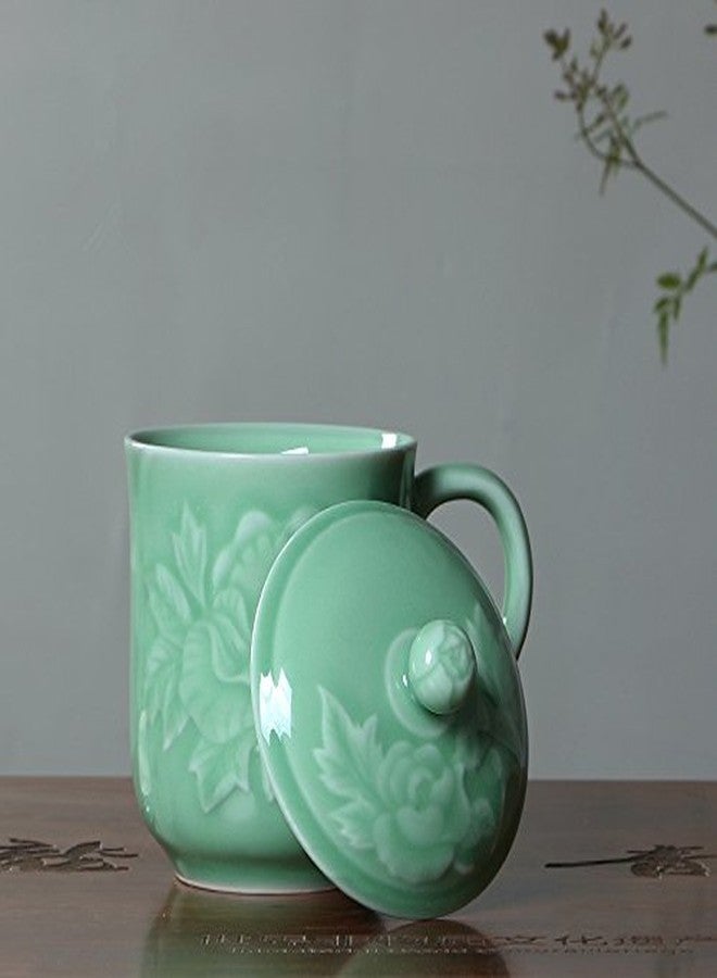 Handmade Celadon Teacups 13oz Coffee Mugs with Lid Porcelain Cups Embossed with Peony Chinese Celadon(01-Green) - Image 3