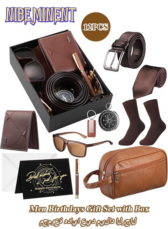 NIBEMINENT طقم هدايا عيد ميلاد للرجال مكون من 12 قطعة مع صندوق للرجال والآباء - محفظة من جلد PU، حقيبة أدوات جلدية، ربطة عنق، جورب، حزام، سلسلة مفاتيح، نظارات شمسية، قلم - Image 1