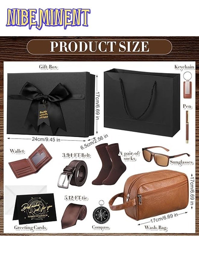 NIBEMINENT طقم هدايا عيد ميلاد للرجال مكون من 12 قطعة مع صندوق للرجال والآباء - محفظة من جلد PU، حقيبة أدوات جلدية، ربطة عنق، جورب، حزام، سلسلة مفاتيح، نظارات شمسية، قلم - Image 2