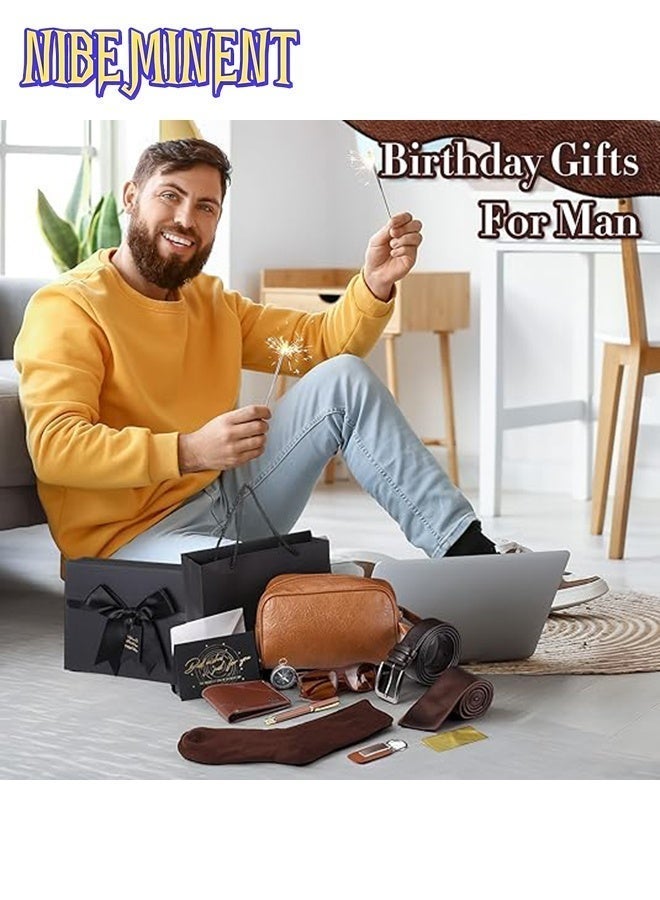 NIBEMINENT طقم هدايا عيد ميلاد للرجال مكون من 12 قطعة مع صندوق للرجال والآباء - محفظة من جلد PU، حقيبة أدوات جلدية، ربطة عنق، جورب، حزام، سلسلة مفاتيح، نظارات شمسية، قلم - Image 4