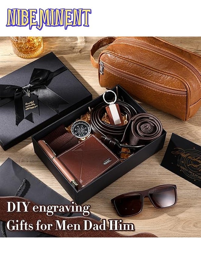 NIBEMINENT طقم هدايا عيد ميلاد للرجال مكون من 12 قطعة مع صندوق للرجال والآباء - محفظة من جلد PU، حقيبة أدوات جلدية، ربطة عنق، جورب، حزام، سلسلة مفاتيح، نظارات شمسية، قلم - Image 3