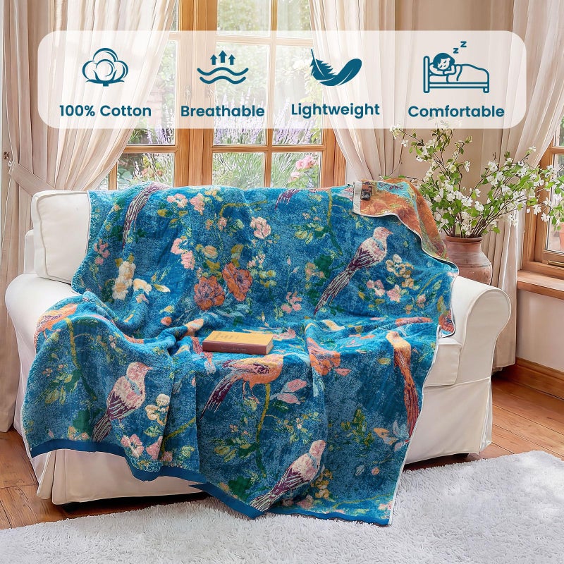 MSGKV Boho Throw Blanket for Couch 50"x60" Cotton Blanket with Floral and Bird Spring Breathable Lightweight Farmhouse Decorative Blankets for Sofa Muslin All Seasons - Image 2