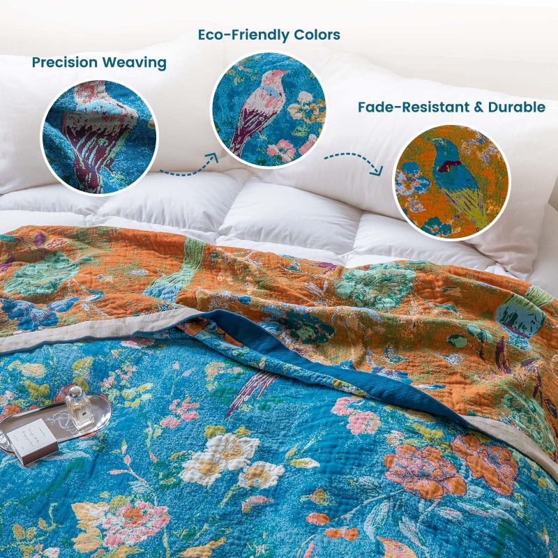 MSGKV Boho Throw Blanket for Couch 50"x60" Cotton Blanket with Floral and Bird Spring Breathable Lightweight Farmhouse Decorative Blankets for Sofa Muslin All Seasons - Image 3
