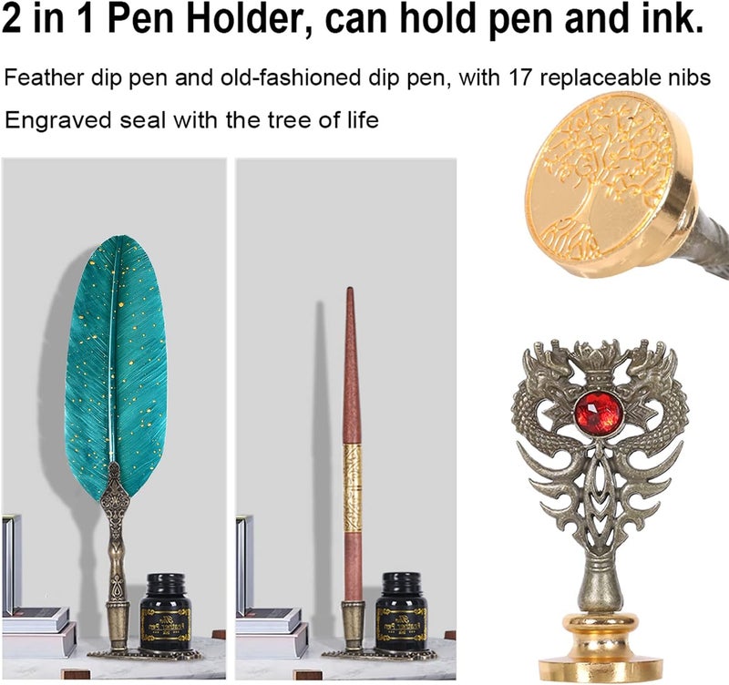 AIYNC Feather Calligraphy Pen Ink Set, Includes Quill Pen and Wooden Dip Pen, Ink,17 Replacement Nib, Pen Base, 3 Wax Seal Sticks, Stamp, White Wax, Spoon, Envelope Letter Paper, Envelope Tool(Green) - Image 4