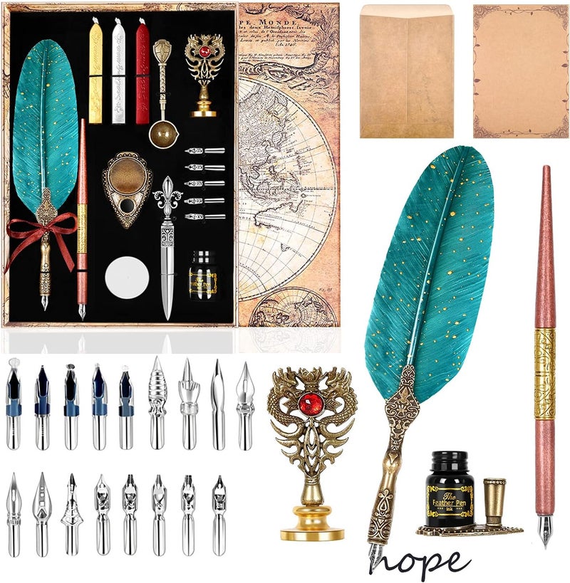 AIYNC Feather Calligraphy Pen Ink Set, Includes Quill Pen and Wooden Dip Pen, Ink,17 Replacement Nib, Pen Base, 3 Wax Seal Sticks, Stamp, White Wax, Spoon, Envelope Letter Paper, Envelope Tool(Green) - Image 1