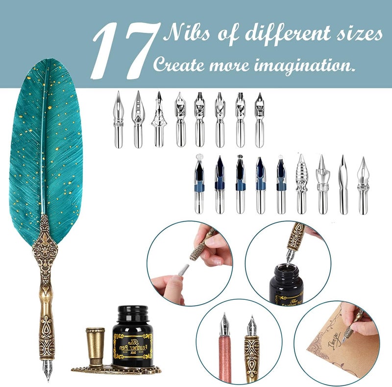 AIYNC Feather Calligraphy Pen Ink Set, Includes Quill Pen and Wooden Dip Pen, Ink,17 Replacement Nib, Pen Base, 3 Wax Seal Sticks, Stamp, White Wax, Spoon, Envelope Letter Paper, Envelope Tool(Green) - Image 3