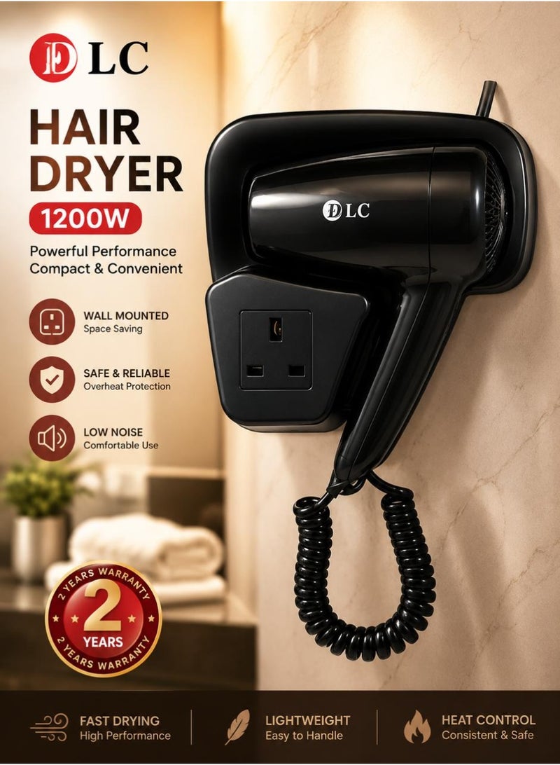 DLC 1200W Hair Dryer 50/60Hz with Triple Power Outlet, Wall-Mountable Electric Hair Blow Dryer, Fast Drying, Easy to Use, Space-Saving Design for Home, Hotel & Bathroom – Black