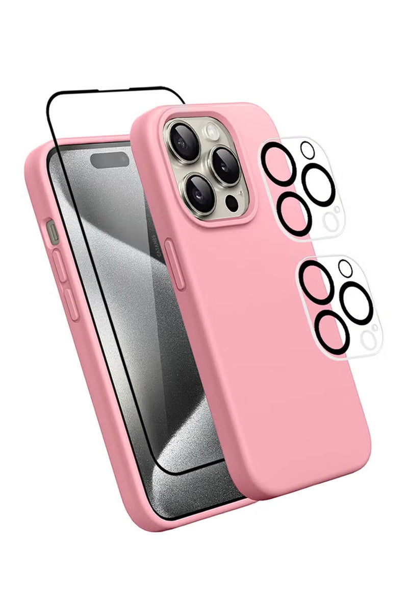 CATANES 4 Packs For iPhone 15 Pro Max Case Screen Protector and 2 Camera Lens Protectors Upgrade Defender Silicone Cover ShockProof Anti-Scratch Protective Phone Case Pink
