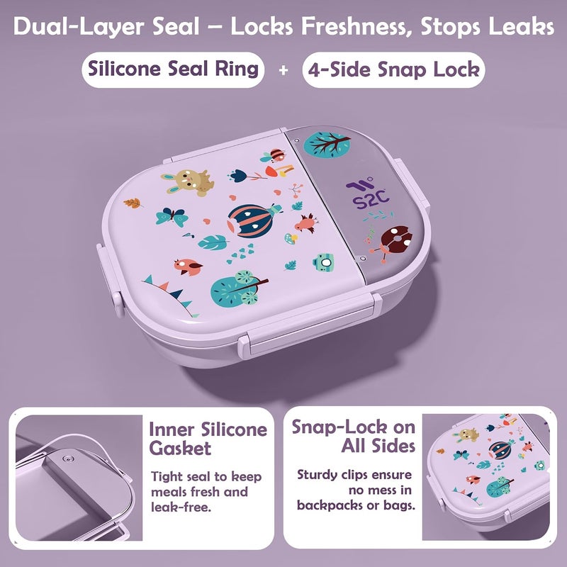 S2C Stainless Steel Kids Lunch Box | Bento-Style Tiffin with Leak-Proof Lid & Insulated Bag | Cute Designs for School & Travel | Large 1600ML Capacity (PURPLE BUG, 3 COMPARTMENT) - Image 4