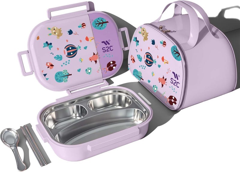 S2C Stainless Steel Kids Lunch Box | Bento-Style Tiffin with Leak-Proof Lid & Insulated Bag | Cute Designs for School & Travel | Large 1600ML Capacity (PURPLE BUG, 3 COMPARTMENT) - Image 1