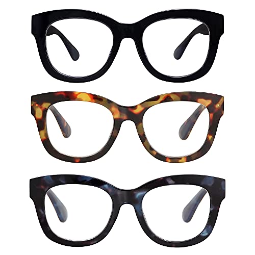 AMOMOMA 3 Pack Retro Oversized Reading Glasses for Women Blue Light Blocking Computer Readers Spring hinge AM6003 with Black+Brown+Blue Tortoise Frame 2.00 x - Image 1