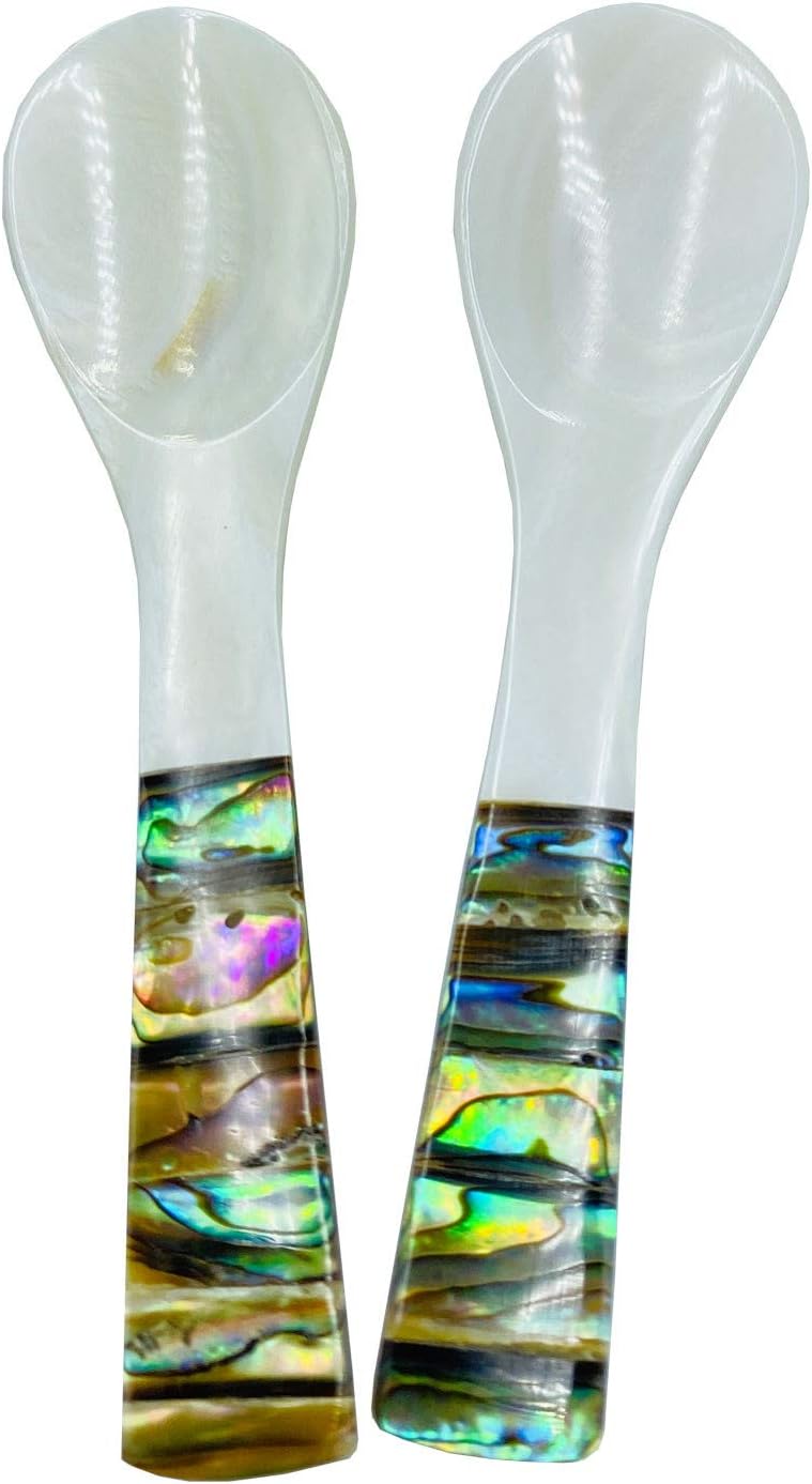 Wenplus 2 Pack 3.94inch Caviar Spoons Handcraft Mother of Pearl MOP Caviar Spoon W Round Handle with One Plastic Storage Box - White, Style A - Image 1