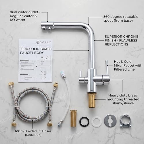 B Backline Brass Kitchen Mixer tap with RO Drinking Water Outlet | Double Lever Faucet for Kitchen Sink | Sink Tap with 360° Spout Rotation | Hot & Cold Kitchen Sink Faucet (Chrome) - Image 3