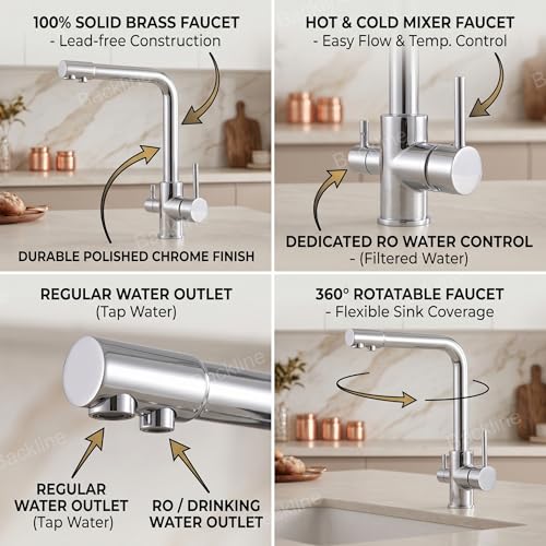 B Backline Brass Kitchen Mixer tap with RO Drinking Water Outlet | Double Lever Faucet for Kitchen Sink | Sink Tap with 360° Spout Rotation | Hot & Cold Kitchen Sink Faucet (Chrome) - Image 2