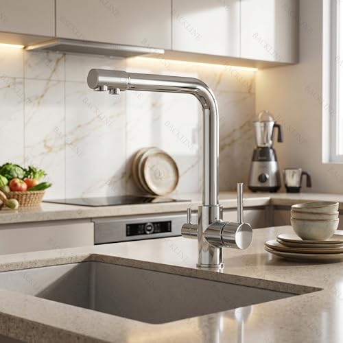 B Backline Brass Kitchen Mixer tap with RO Drinking Water Outlet | Double Lever Faucet for Kitchen Sink | Sink Tap with 360° Spout Rotation | Hot & Cold Kitchen Sink Faucet (Chrome) - Image 1