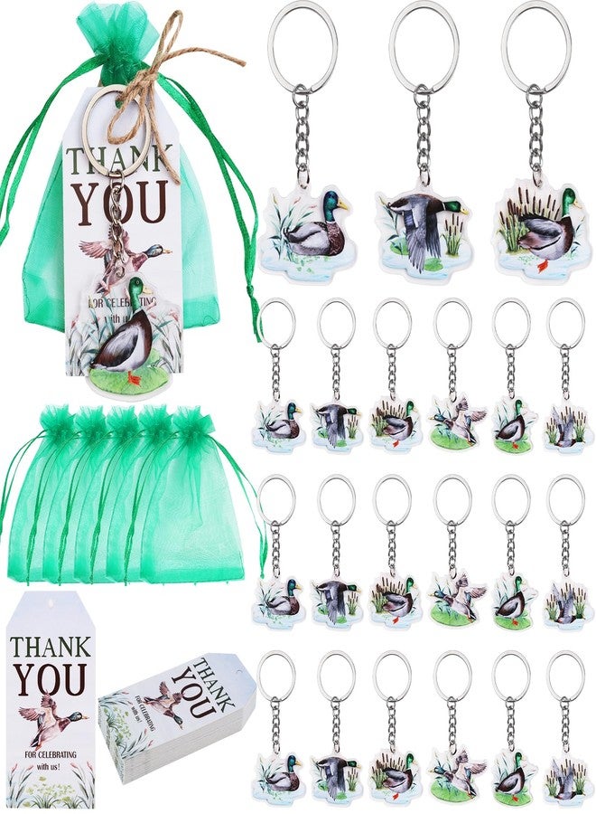 Serencatcher 72Pcs Mallard Duck Baby Shower Favors, One Lucky Duck Birthday Decorations, Green Duck Hunting Thank You for Celebrating with Us Tag Keychain Organza Bags for Boy Girl Gender Reveal Party - Image 1