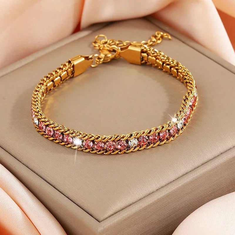 Pink Zirconic Golden Stainless Steel Tennis Bracelet