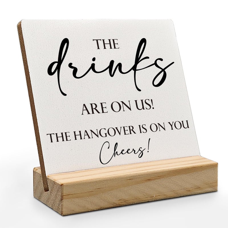 ANIANG Wedding Table Decor  Wedding Signs for Reception  Wedding Decor  Wedding Reception Decorations  The Drinks are on Us Wooden Wedding Plaque Signs with Wood Stand for Wedding Open Bar Decor - Image 1