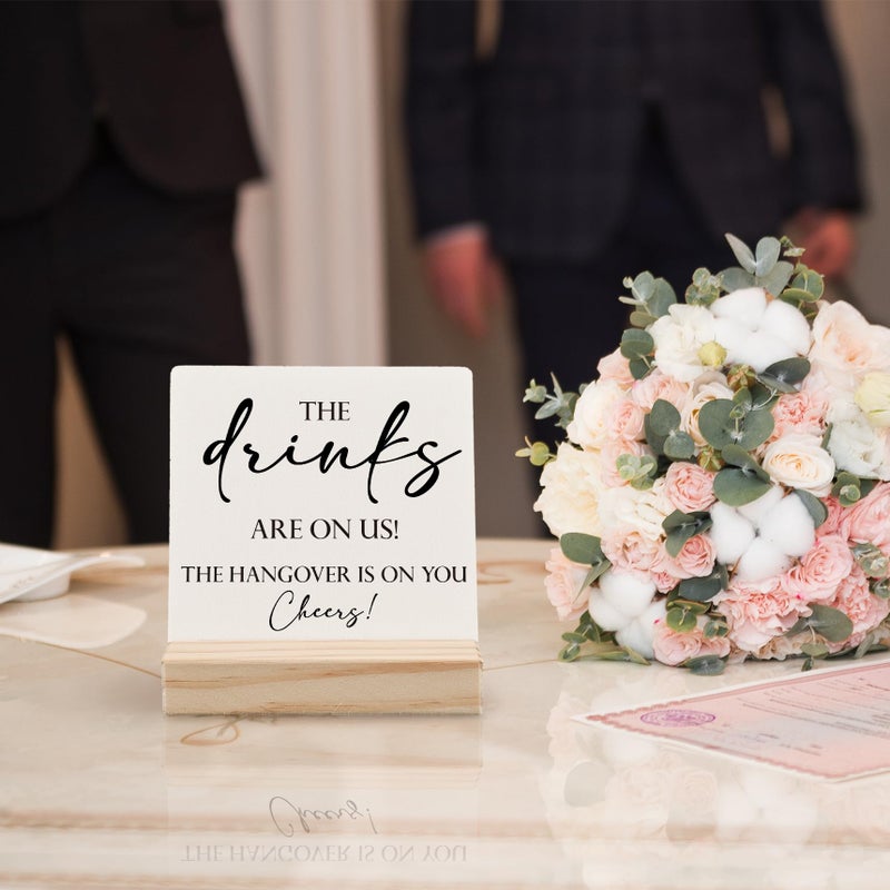 ANIANG Wedding Table Decor  Wedding Signs for Reception  Wedding Decor  Wedding Reception Decorations  The Drinks are on Us Wooden Wedding Plaque Signs with Wood Stand for Wedding Open Bar Decor - Image 4