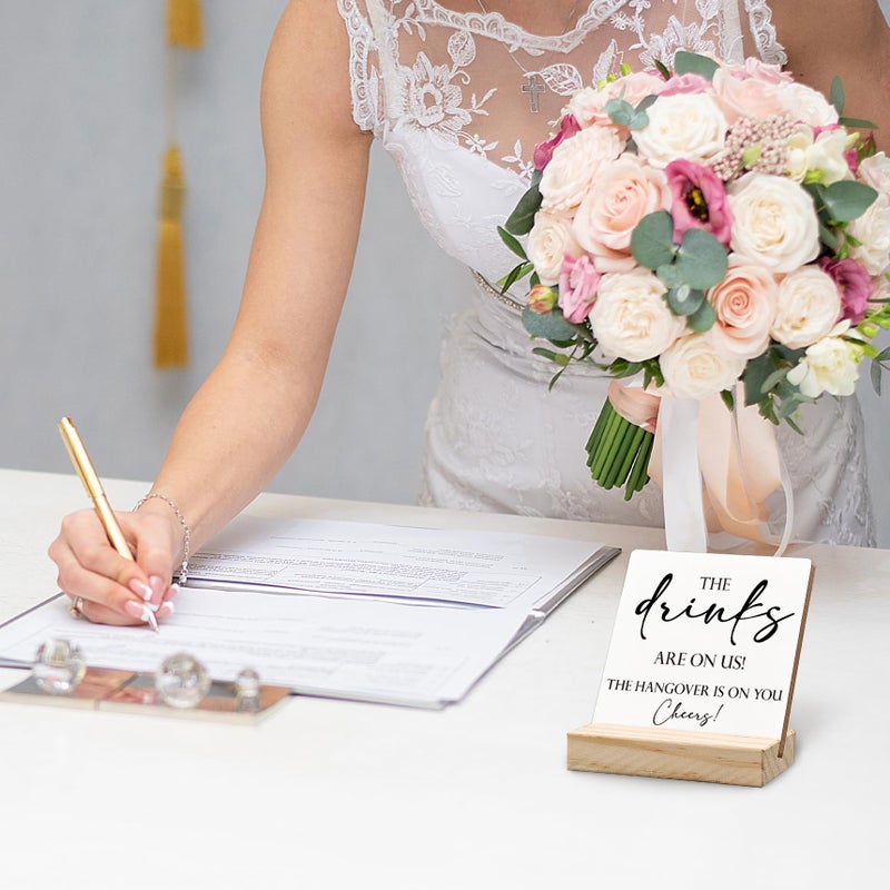 ANIANG Wedding Table Decor  Wedding Signs for Reception  Wedding Decor  Wedding Reception Decorations  The Drinks are on Us Wooden Wedding Plaque Signs with Wood Stand for Wedding Open Bar Decor - Image 3