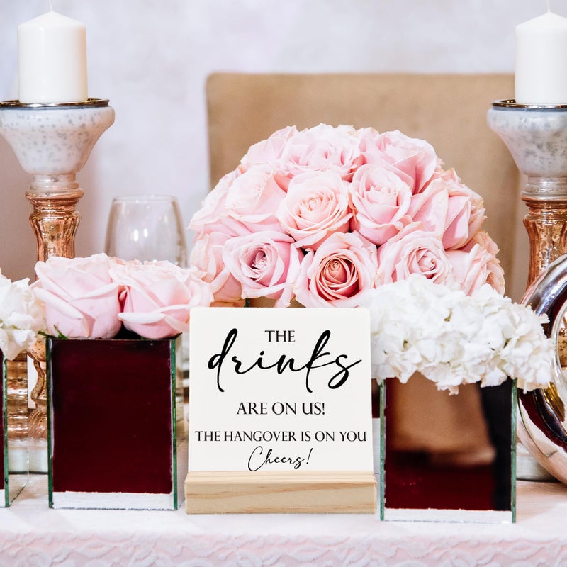 ANIANG Wedding Table Decor  Wedding Signs for Reception  Wedding Decor  Wedding Reception Decorations  The Drinks are on Us Wooden Wedding Plaque Signs with Wood Stand for Wedding Open Bar Decor - Image 5