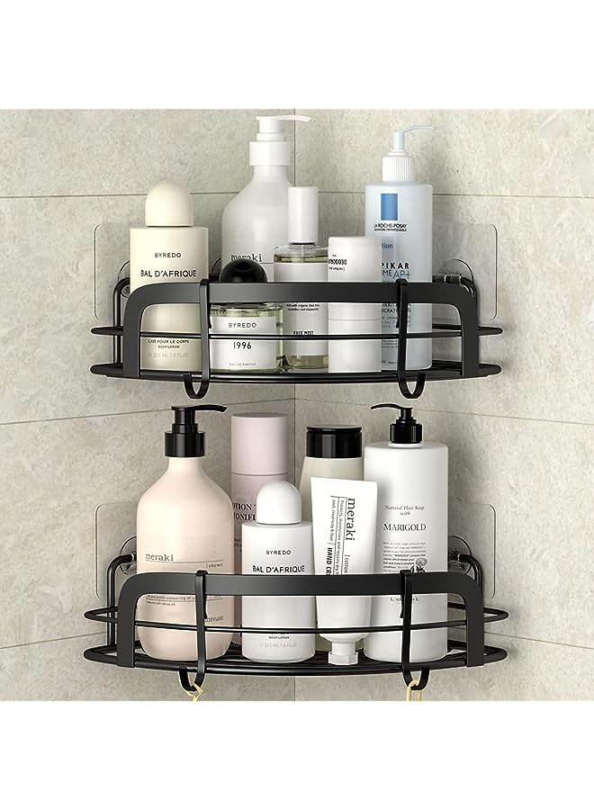 Raxoom Black Corner Shower Caddy Adhesive Shower Shelf US304 Stainless Steel Shower Wall Caddy Drill Free Corner Shelves for Shower with 4 Hooks Bathroom Corner Storage Organizer, 2 Pack - Image 1