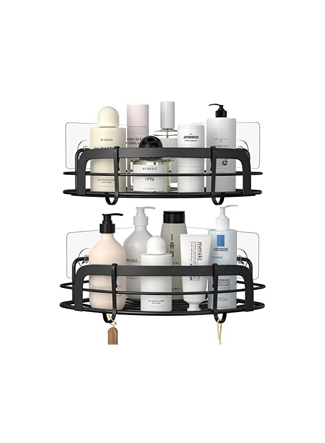 Raxoom Black Corner Shower Caddy Adhesive Shower Shelf US304 Stainless Steel Shower Wall Caddy Drill Free Corner Shelves for Shower with 4 Hooks Bathroom Corner Storage Organizer, 2 Pack - Image 2