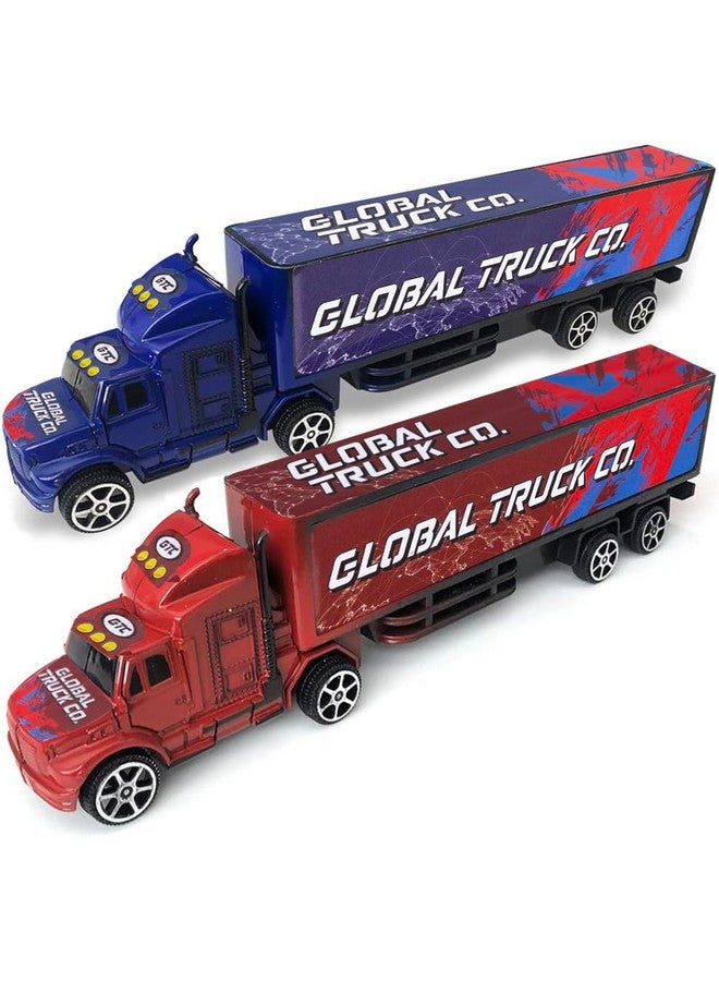 ArtCreativity Pullback Semi Truck Toys, Set Of 2, Pull Back Truck Toys For Kids In Red & Blue, Trailer Trucks For Hours Of Pretend Play, Unique Car Party Decorations And Boys’ Room Decor - Image 1