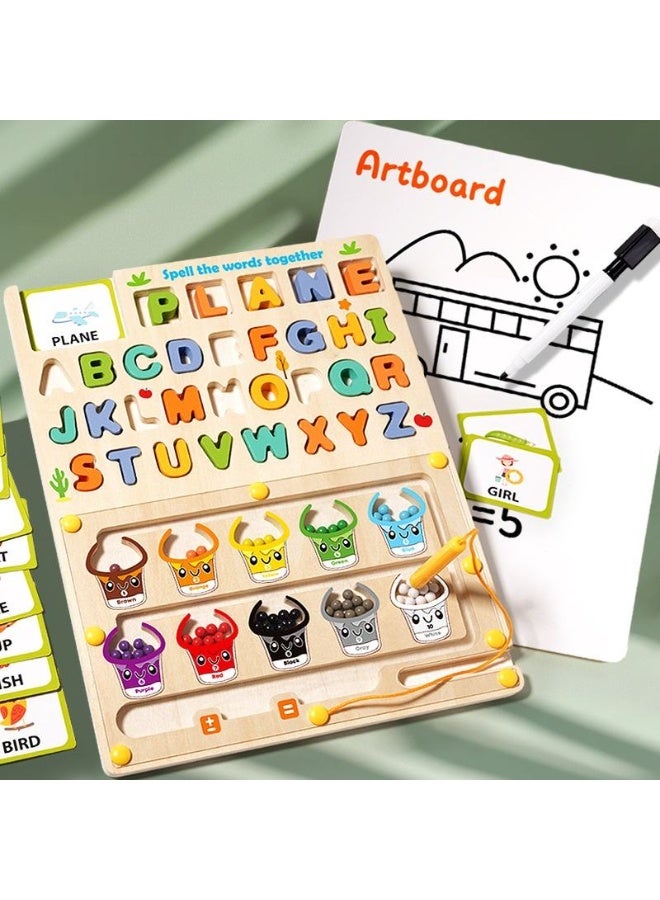 F.A.M.S Montessori Wooden Spelling & Color Sorting Board – Alphabet Puzzle, Word Flash Cards, Magnetic Color Beads & Pen – Early Learning Educational Toy for Kids - Image 1