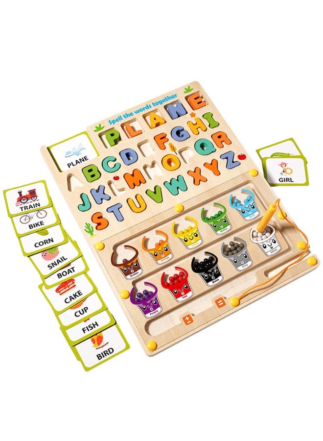 F.A.M.S Montessori Wooden Spelling & Color Sorting Board – Alphabet Puzzle, Word Flash Cards, Magnetic Color Beads & Pen – Early Learning Educational Toy for Kids - Image 2