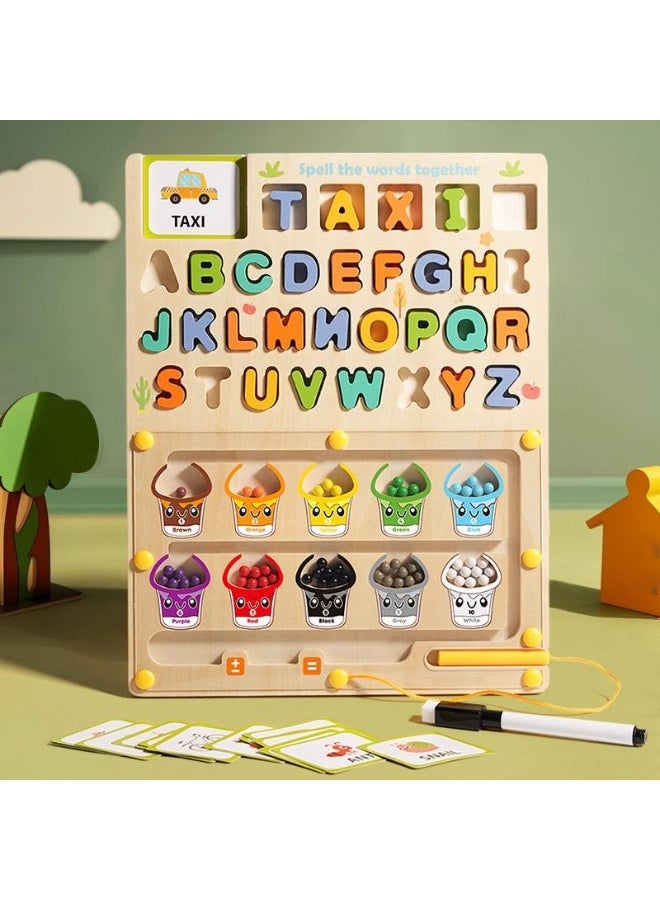 F.A.M.S Montessori Wooden Spelling & Color Sorting Board – Alphabet Puzzle, Word Flash Cards, Magnetic Color Beads & Pen – Early Learning Educational Toy for Kids - Image 3