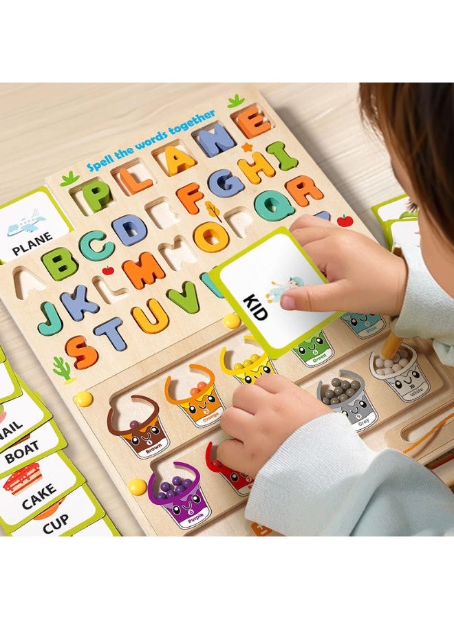 F.A.M.S Montessori Wooden Spelling & Color Sorting Board – Alphabet Puzzle, Word Flash Cards, Magnetic Color Beads & Pen – Early Learning Educational Toy for Kids - Image 4