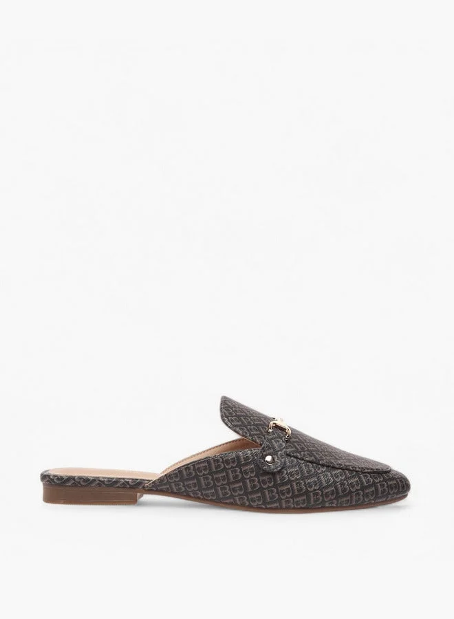 Monogram Print Slip-On Mules with Metal Accent